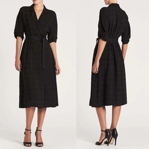 Equipment Femme Windowpane Anitone 3/4 Sleeve Midi Dress In Black Size M